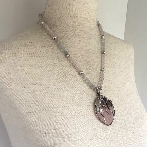 Sterling Silver 925 Modernist Rose Quartz & Amethyst Beaded Pendant Necklace - Picture 5 of 16